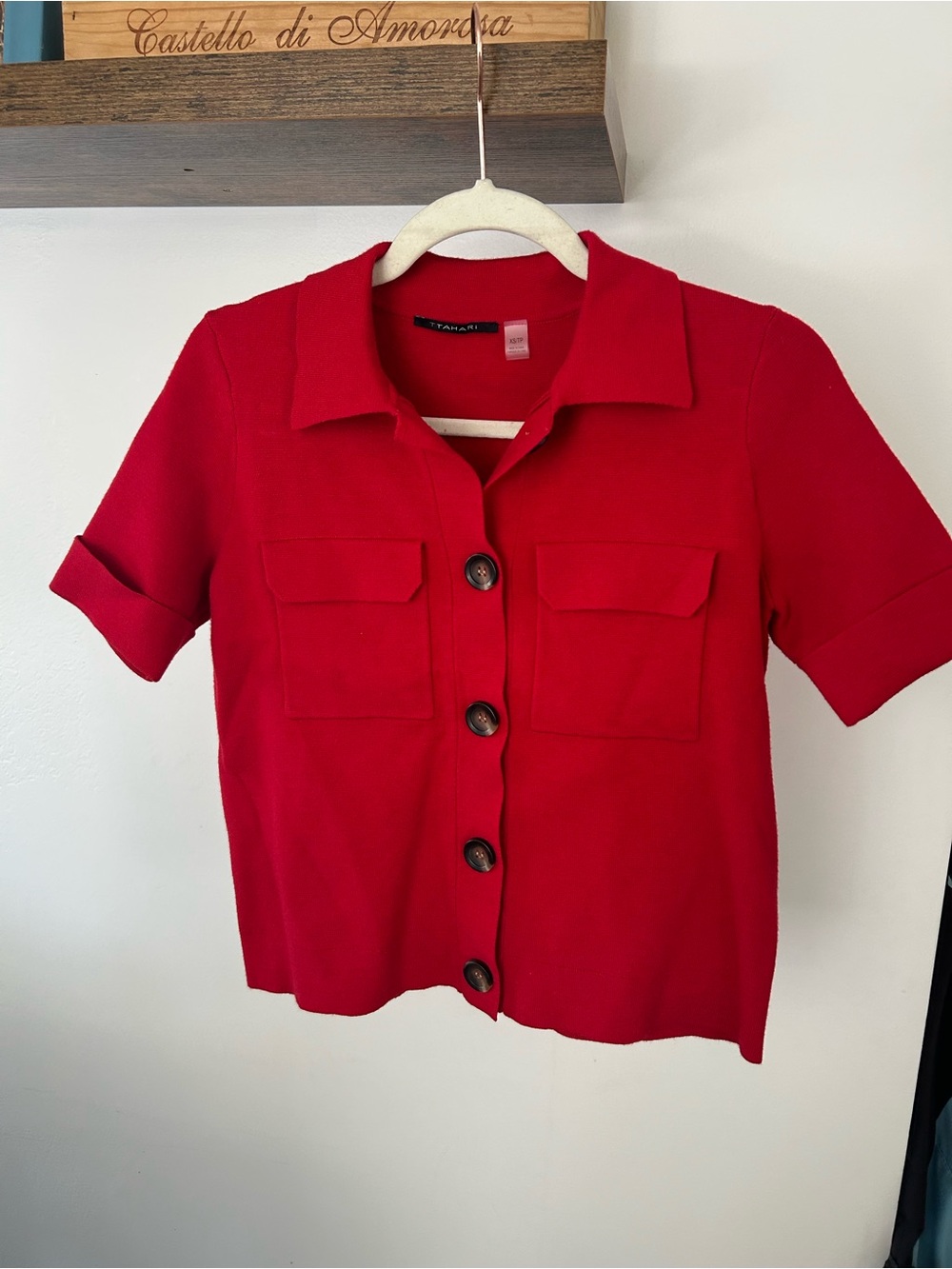 T Tahari Red Knit Polo Top